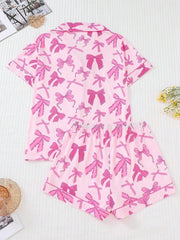 2pcs Bow Print Loungewear Set For Women, Comfortable Short Sleeve Collared Button-Up Shirt And Elastic Waist Shorts, Casual Outdoor/Indoor Sleepwear And Homewear, All Seasons,Two Pieces Set - Luxe Ladies Moda