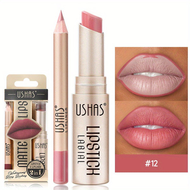 USHAS Matte Lipstick Set, 12 Colors Long Lasting Non-Stick Waterproof Lip Liner Lipstick for Women, Velvet matte liquid lipstick+matching smooth lipliner one-step lip waterproof makeup set gift set - Luxe Ladies Moda
