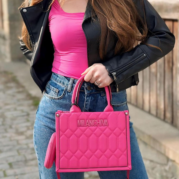 Milan Chiva Quilted Tote Bag for Women Top Handle Handbags with Coin Pouch - Luxe Ladies Moda