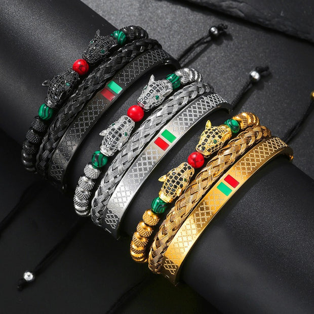 Europe and the United States net red wind woven stainless steel leopard head bracelet adjustable braided bracelet niche design men's bracelets - Luxe Ladies Moda