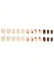 24pcs Short Square French False Nails, Cute And Simple Ins Milky White Flower Leaves Wear Nails, Full Coverage Detachable Women's Nail Art Set, Suitable For Party Dance Daily Wear - Luxe Ladies Moda