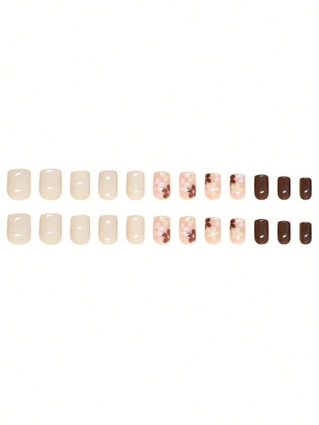 24pcs Short Square French False Nails, Cute And Simple Ins Milky White Flower Leaves Wear Nails, Full Coverage Detachable Women's Nail Art Set, Suitable For Party Dance Daily Wear - Luxe Ladies Moda