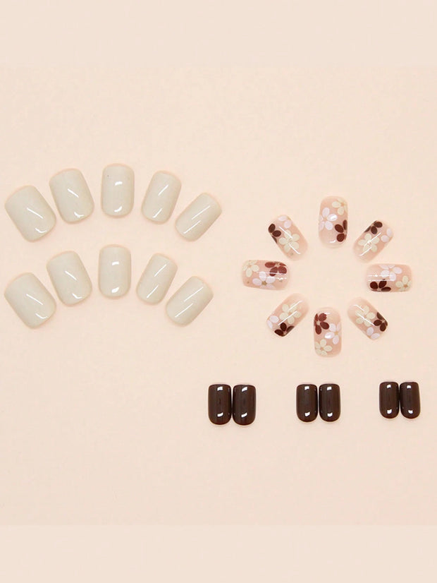 24pcs Short Square French False Nails, Cute And Simple Ins Milky White Flower Leaves Wear Nails, Full Coverage Detachable Women's Nail Art Set, Suitable For Party Dance Daily Wear - Luxe Ladies Moda