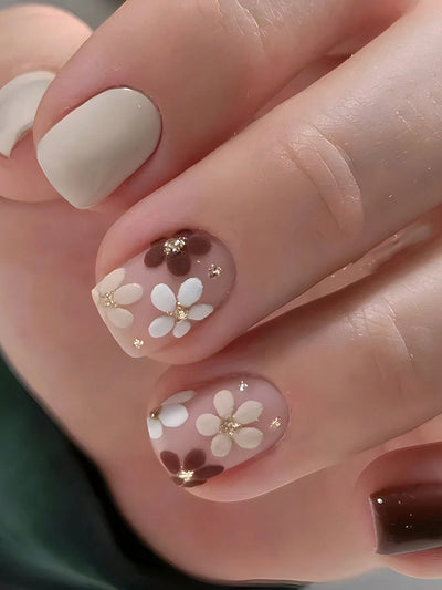 24pcs Short Square French False Nails, Cute And Simple Ins Milky White Flower Leaves Wear Nails, Full Coverage Detachable Women's Nail Art Set, Suitable For Party Dance Daily Wear - Luxe Ladies Moda