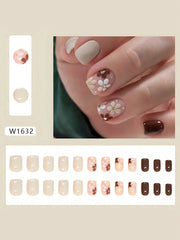 24pcs Short Square French False Nails, Cute And Simple Ins Milky White Flower Leaves Wear Nails, Full Coverage Detachable Women's Nail Art Set, Suitable For Party Dance Daily Wear - Luxe Ladies Moda