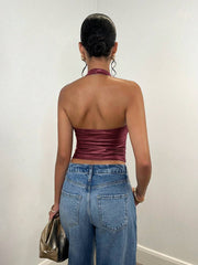 Women's Plain Halter Neck Simple Camisole, Casual Daily Wear Clothes PU Elasticity Fall Women Clothes Women Tops Women Clothes - Luxe Ladies Moda