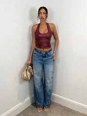 Women's Plain Halter Neck Simple Camisole, Casual Daily Wear Clothes PU Elasticity Fall Women Clothes Women Tops Women Clothes - Luxe Ladies Moda