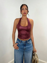Women's Plain Halter Neck Simple Camisole, Casual Daily Wear Clothes PU Elasticity Fall Women Clothes Women Tops Women Clothes - Luxe Ladies Moda