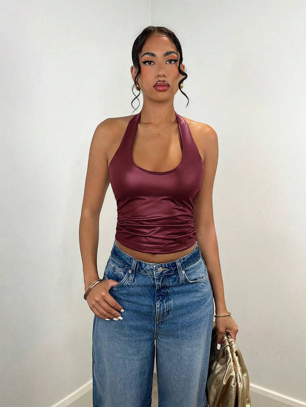 Women's Plain Halter Neck Simple Camisole, Casual Daily Wear Clothes PU Elasticity Fall Women Clothes Women Tops Women Clothes - Luxe Ladies Moda