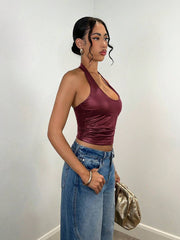 Women's Plain Halter Neck Simple Camisole, Casual Daily Wear Clothes PU Elasticity Fall Women Clothes Women Tops Women Clothes - Luxe Ladies Moda