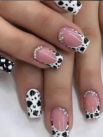 24pcs European & American Minimalist Cow Print & Leopard Print Rhinestone Short Square Nail Tips, Suitable For Vacation & Party, With Jelly Glue & File Set - Luxe Ladies Moda