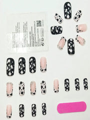 24pcs European & American Minimalist Cow Print & Leopard Print Rhinestone Short Square Nail Tips, Suitable For Vacation & Party, With Jelly Glue & File Set - Luxe Ladies Moda