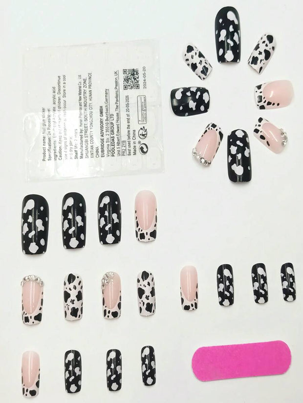 24pcs European & American Minimalist Cow Print & Leopard Print Rhinestone Short Square Nail Tips, Suitable For Vacation & Party, With Jelly Glue & File Set - Luxe Ladies Moda