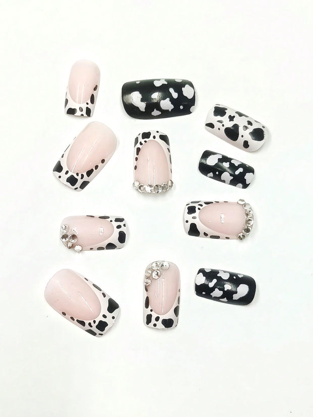 24pcs European & American Minimalist Cow Print & Leopard Print Rhinestone Short Square Nail Tips, Suitable For Vacation & Party, With Jelly Glue & File Set - Luxe Ladies Moda