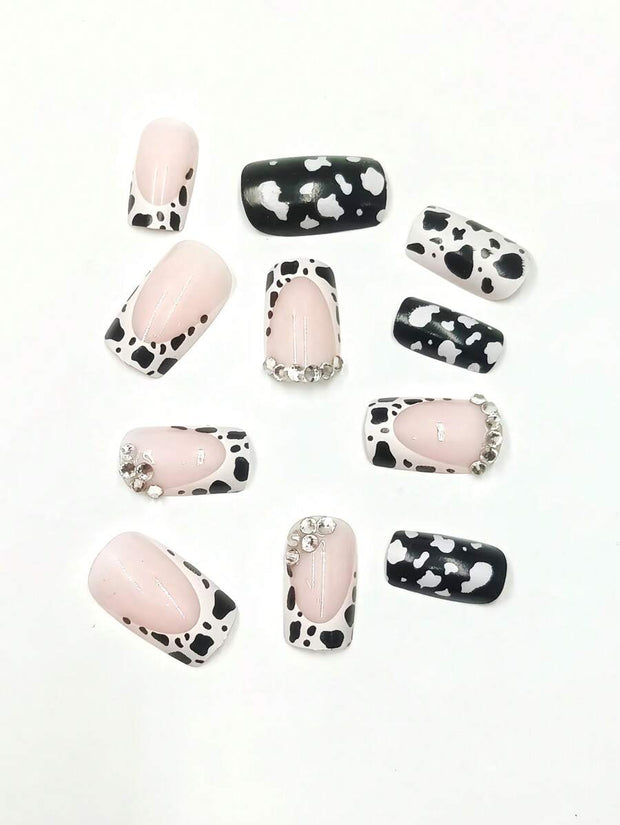 24pcs European & American Minimalist Cow Print & Leopard Print Rhinestone Short Square Nail Tips, Suitable For Vacation & Party, With Jelly Glue & File Set - Luxe Ladies Moda