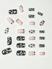 24pcs European & American Minimalist Cow Print & Leopard Print Rhinestone Short Square Nail Tips, Suitable For Vacation & Party, With Jelly Glue & File Set - Luxe Ladies Moda