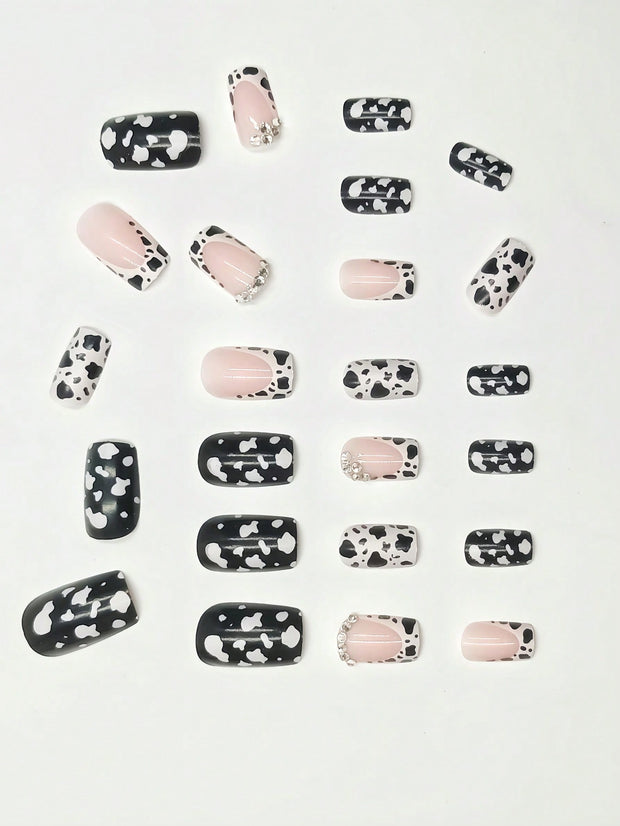 24pcs European & American Minimalist Cow Print & Leopard Print Rhinestone Short Square Nail Tips, Suitable For Vacation & Party, With Jelly Glue & File Set - Luxe Ladies Moda