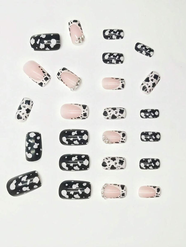 24pcs European & American Minimalist Cow Print & Leopard Print Rhinestone Short Square Nail Tips, Suitable For Vacation & Party, With Jelly Glue & File Set - Luxe Ladies Moda