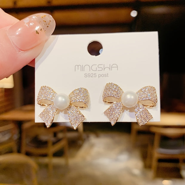 Pearl Bow Decor Stud Earrings Fashion Personality Elegant Jewelry For Women - Luxe Ladies Moda