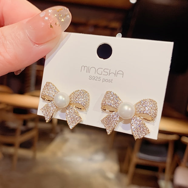 Pearl Bow Decor Stud Earrings Fashion Personality Elegant Jewelry For Women - Luxe Ladies Moda