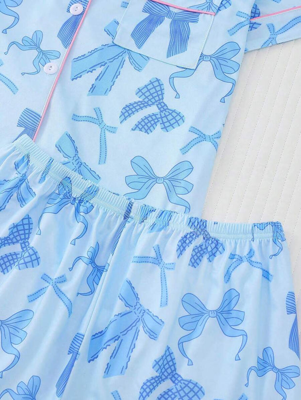 2pcs Bow Print Loungewear Set For Women, Comfortable Short Sleeve Collared Button-Up Shirt And Elastic Waist Shorts, Casual Outdoor/Indoor Sleepwear And Homewear, All Seasons,Two Pieces Set - Luxe Ladies Moda