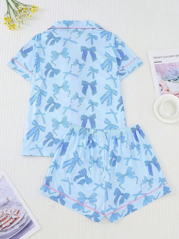 2pcs Bow Print Loungewear Set For Women, Comfortable Short Sleeve Collared Button-Up Shirt And Elastic Waist Shorts, Casual Outdoor/Indoor Sleepwear And Homewear, All Seasons,Two Pieces Set - Luxe Ladies Moda