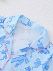 2pcs Bow Print Loungewear Set For Women, Comfortable Short Sleeve Collared Button-Up Shirt And Elastic Waist Shorts, Casual Outdoor/Indoor Sleepwear And Homewear, All Seasons,Two Pieces Set - Luxe Ladies Moda