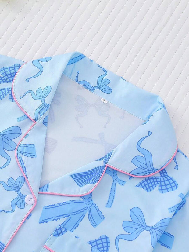 2pcs Bow Print Loungewear Set For Women, Comfortable Short Sleeve Collared Button-Up Shirt And Elastic Waist Shorts, Casual Outdoor/Indoor Sleepwear And Homewear, All Seasons,Two Pieces Set - Luxe Ladies Moda