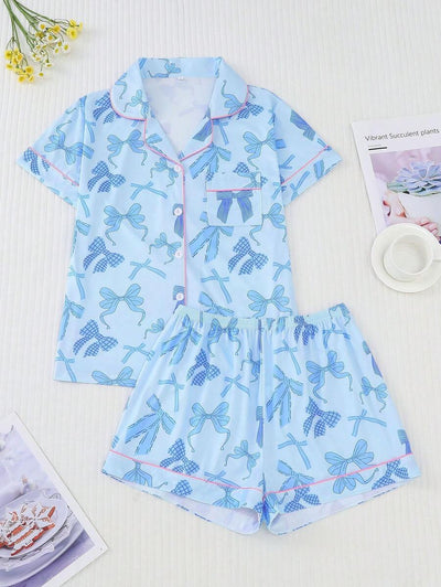 2pcs Bow Print Loungewear Set For Women, Comfortable Short Sleeve Collared Button-Up Shirt And Elastic Waist Shorts, Casual Outdoor/Indoor Sleepwear And Homewear, All Seasons,Two Pieces Set - Luxe Ladies Moda