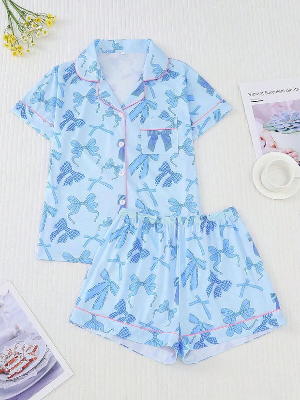 2pcs Bow Print Loungewear Set For Women, Comfortable Short Sleeve Collared Button-Up Shirt And Elastic Waist Shorts, Casual Outdoor/Indoor Sleepwear And Homewear, All Seasons,Two Pieces Set - Luxe Ladies Moda