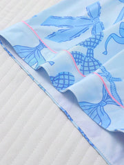 2pcs Bow Print Loungewear Set For Women, Comfortable Short Sleeve Collared Button-Up Shirt And Elastic Waist Shorts, Casual Outdoor/Indoor Sleepwear And Homewear, All Seasons,Two Pieces Set - Luxe Ladies Moda