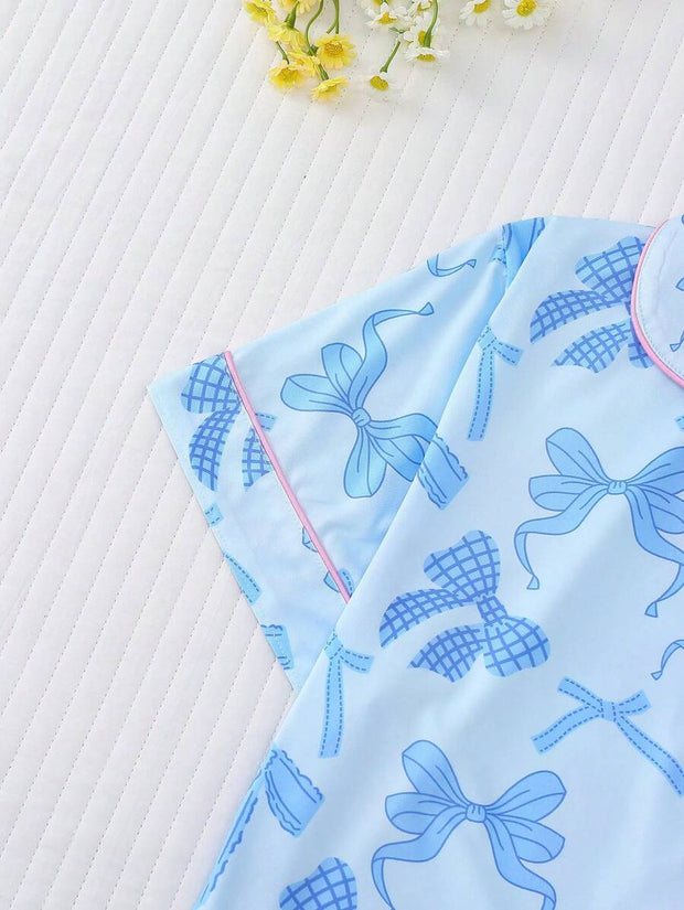 2pcs Bow Print Loungewear Set For Women, Comfortable Short Sleeve Collared Button-Up Shirt And Elastic Waist Shorts, Casual Outdoor/Indoor Sleepwear And Homewear, All Seasons,Two Pieces Set - Luxe Ladies Moda