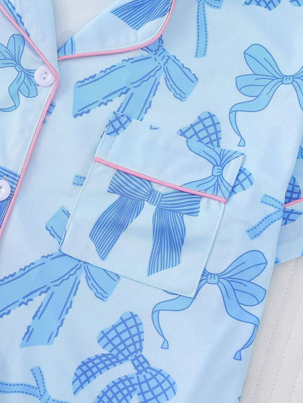 2pcs Bow Print Loungewear Set For Women, Comfortable Short Sleeve Collared Button-Up Shirt And Elastic Waist Shorts, Casual Outdoor/Indoor Sleepwear And Homewear, All Seasons,Two Pieces Set - Luxe Ladies Moda