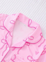 2pcs Bow Print Loungewear Set For Women, Comfortable Short Sleeve Collared Button-Up Shirt And Elastic Waist Shorts, Casual Outdoor/Indoor Sleepwear And Homewear, All Seasons,Two Pieces Set - Luxe Ladies Moda