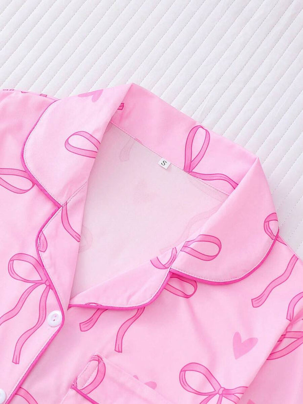 2pcs Bow Print Loungewear Set For Women, Comfortable Short Sleeve Collared Button-Up Shirt And Elastic Waist Shorts, Casual Outdoor/Indoor Sleepwear And Homewear, All Seasons,Two Pieces Set - Luxe Ladies Moda