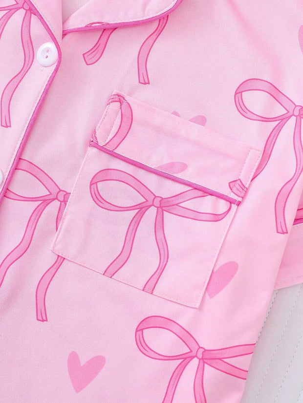 2pcs Bow Print Loungewear Set For Women, Comfortable Short Sleeve Collared Button-Up Shirt And Elastic Waist Shorts, Casual Outdoor/Indoor Sleepwear And Homewear, All Seasons,Two Pieces Set - Luxe Ladies Moda
