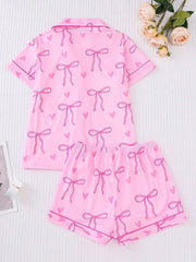 2pcs Bow Print Loungewear Set For Women, Comfortable Short Sleeve Collared Button-Up Shirt And Elastic Waist Shorts, Casual Outdoor/Indoor Sleepwear And Homewear, All Seasons,Two Pieces Set - Luxe Ladies Moda