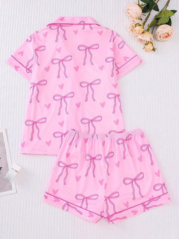 2pcs Bow Print Loungewear Set For Women, Comfortable Short Sleeve Collared Button-Up Shirt And Elastic Waist Shorts, Casual Outdoor/Indoor Sleepwear And Homewear, All Seasons,Two Pieces Set - Luxe Ladies Moda