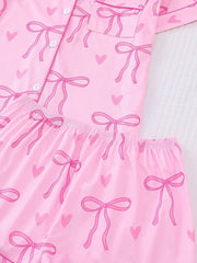 2pcs Bow Print Loungewear Set For Women, Comfortable Short Sleeve Collared Button-Up Shirt And Elastic Waist Shorts, Casual Outdoor/Indoor Sleepwear And Homewear, All Seasons,Two Pieces Set - Luxe Ladies Moda