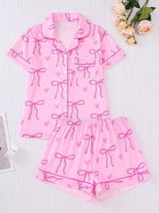2pcs Bow Print Loungewear Set For Women, Comfortable Short Sleeve Collared Button-Up Shirt And Elastic Waist Shorts, Casual Outdoor/Indoor Sleepwear And Homewear, All Seasons,Two Pieces Set - Luxe Ladies Moda