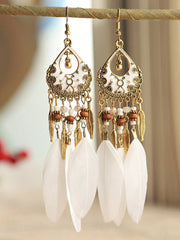 Bohemian Colorful Feather Earrings, Beaded Tassel Dangle Earrings For Women - Luxe Ladies Moda