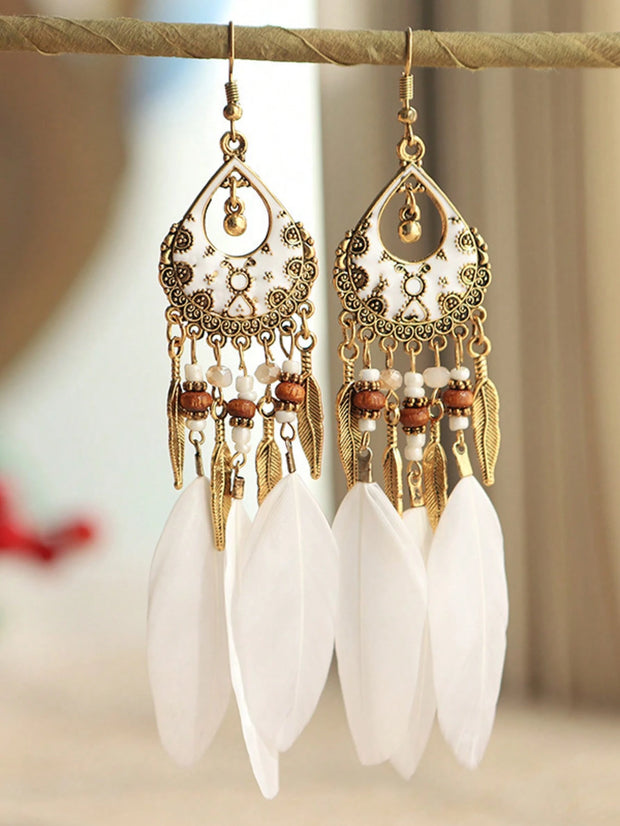 Bohemian Colorful Feather Earrings, Beaded Tassel Dangle Earrings For Women - Luxe Ladies Moda