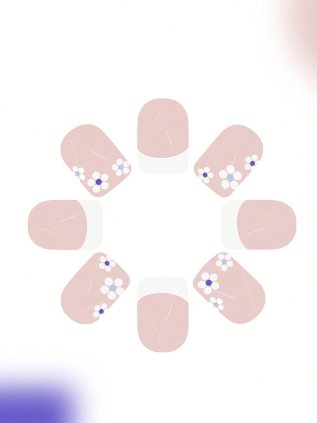 24pcs Short Square French False Nails, Cute And Simple Ins Milky White Flower Leaves Wear Nails, Full Coverage Detachable Women's Nail Art Set, Suitable For Party Dance Daily Wear - Luxe Ladies Moda