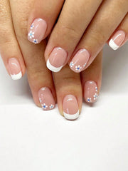 24pcs Short Square French False Nails, Cute And Simple Ins Milky White Flower Leaves Wear Nails, Full Coverage Detachable Women's Nail Art Set, Suitable For Party Dance Daily Wear - Luxe Ladies Moda