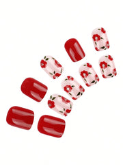 24pcs Short Square French False Nails, Cute And Simple Ins Milky White Flower Leaves Wear Nails, Full Coverage Detachable Women's Nail Art Set, Suitable For Party Dance Daily Wear - Luxe Ladies Moda