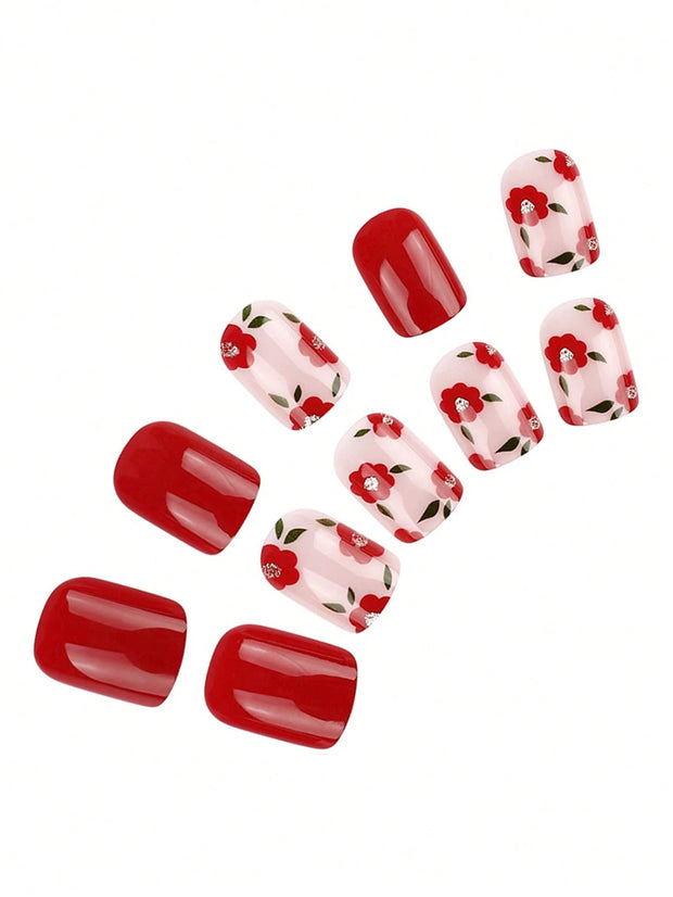 24pcs Short Square French False Nails, Cute And Simple Ins Milky White Flower Leaves Wear Nails, Full Coverage Detachable Women's Nail Art Set, Suitable For Party Dance Daily Wear - Luxe Ladies Moda