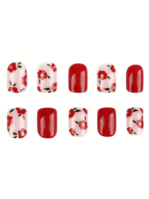 24pcs Short Square French False Nails, Cute And Simple Ins Milky White Flower Leaves Wear Nails, Full Coverage Detachable Women's Nail Art Set, Suitable For Party Dance Daily Wear - Luxe Ladies Moda