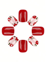 24pcs Short Square French False Nails, Cute And Simple Ins Milky White Flower Leaves Wear Nails, Full Coverage Detachable Women's Nail Art Set, Suitable For Party Dance Daily Wear - Luxe Ladies Moda