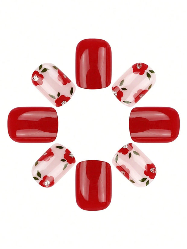 24pcs Short Square French False Nails, Cute And Simple Ins Milky White Flower Leaves Wear Nails, Full Coverage Detachable Women's Nail Art Set, Suitable For Party Dance Daily Wear - Luxe Ladies Moda