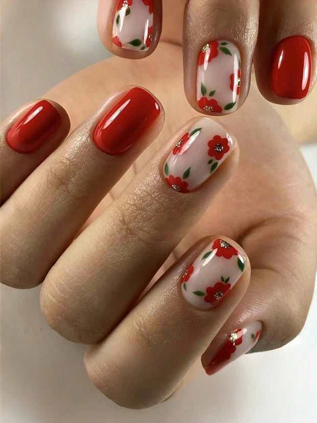 24pcs Short Square French False Nails, Cute And Simple Ins Milky White Flower Leaves Wear Nails, Full Coverage Detachable Women's Nail Art Set, Suitable For Party Dance Daily Wear - Luxe Ladies Moda